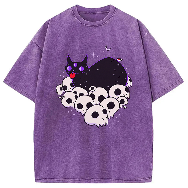 Cute Goth Cat Washed T-Shirt Cool Urban Street Style Shirt Gifts For Besties
