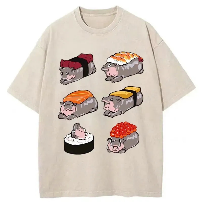 Cute Hippo Sushi Washed T-Shirt Funny Aesthetic Trendy Apparel Gifts For Best Friend