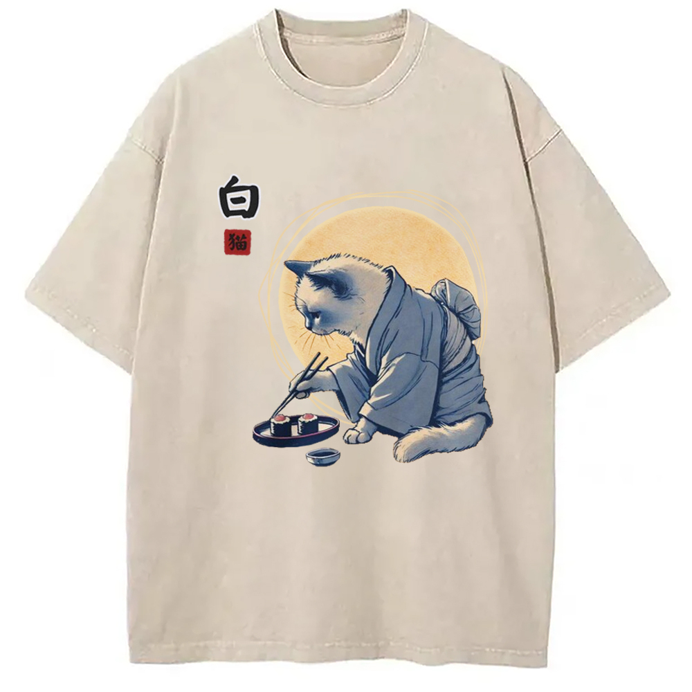 Cute Japanese Sushi Cat Washed T-Shirt Retro Streetwear Graphic Top Gifts For Friends