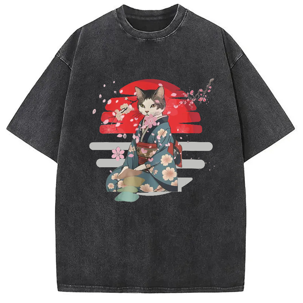 Cute Kimono Cat Japanese Washed T-Shirt Funny Graphic Gift For Friends Gifts For Besties