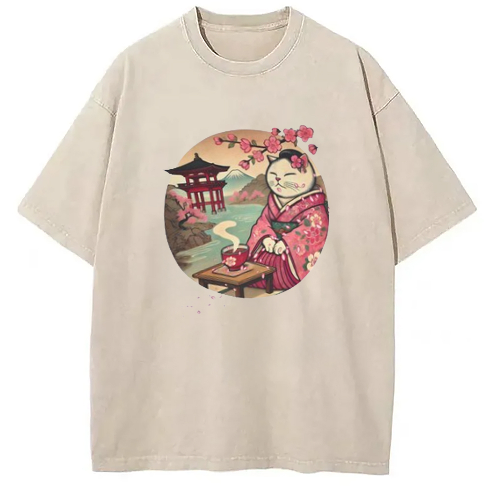 Cute Kimono Cat Washed T-Shirt Retro Humor Outfit Idea Gifts For BFF