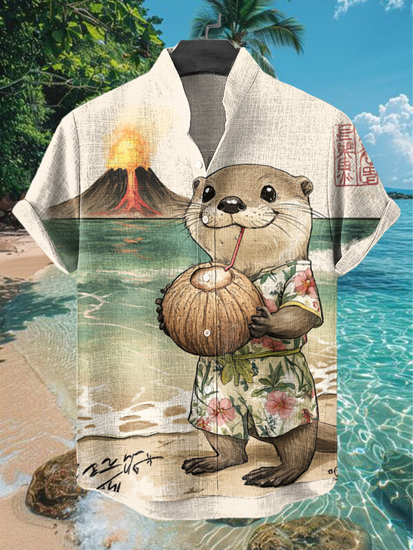 Cute Otter Drinking Coconut Juice Print Hawaiian Shirt Gift For Otter Lovers