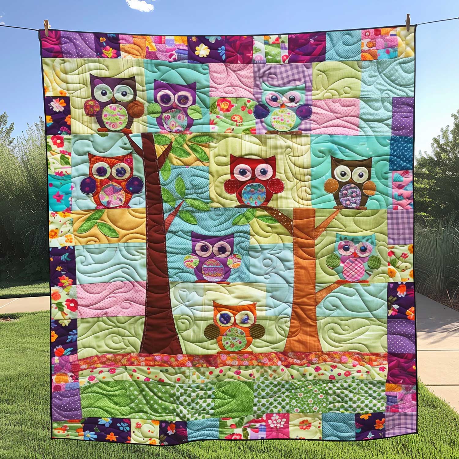 Cute Owl Tree Quilted Blanket Gift For Owl Lover