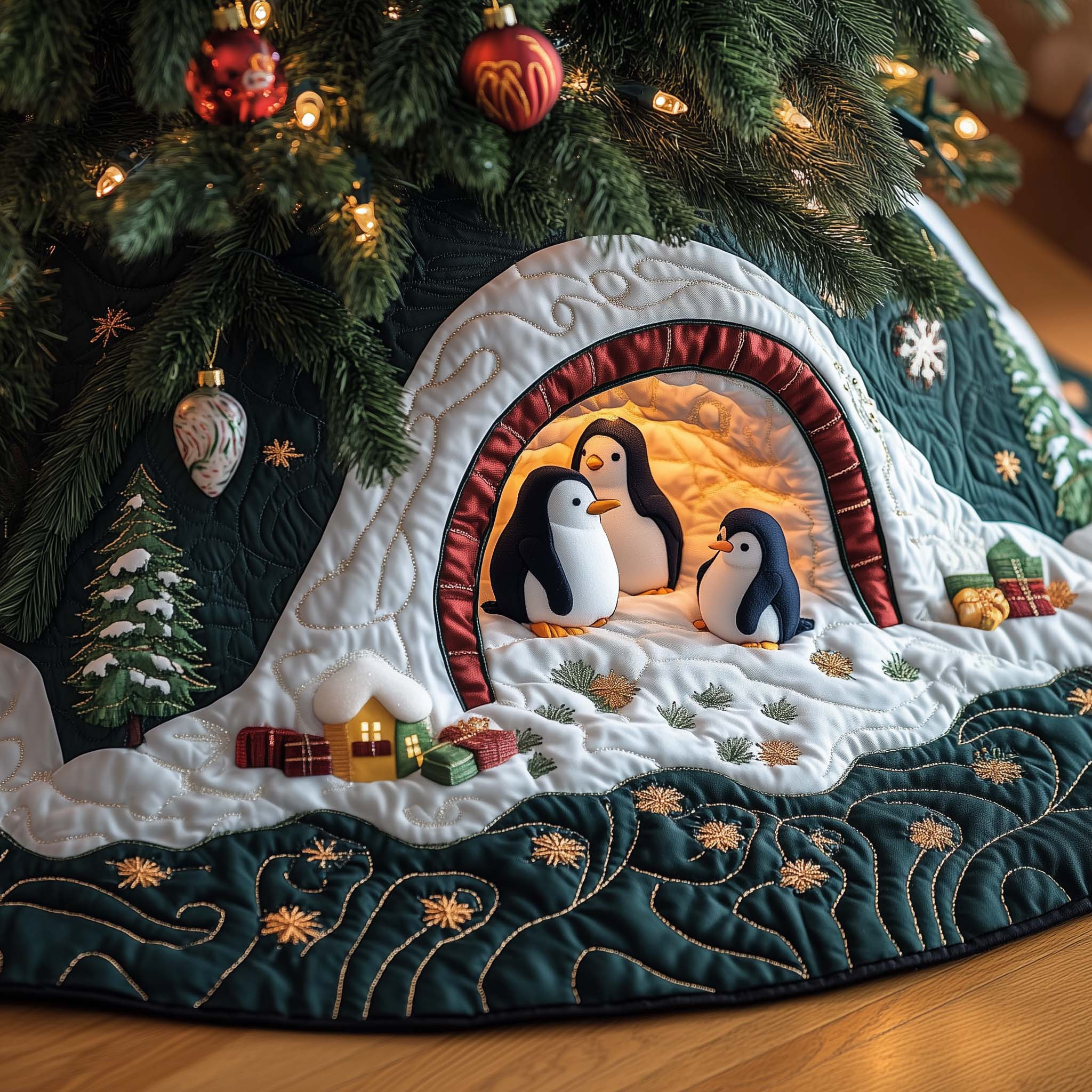 Cute Penguin Quilted Tree Skirt Modern Interior Decor Penguin Lover Christmas Gifts