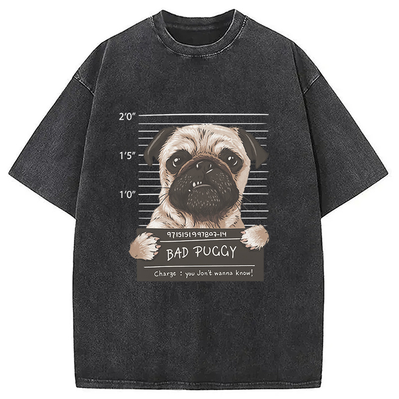 Cute Pug Mugshot Bad Puggy Funny Dog Washed T-Shirt Everyday Comfort Graphic Shirt Gifts For Sister