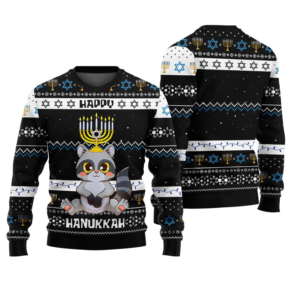 Cute Raccoon Happy Hanukkah Ugly Sweater Black Funny Xmas Sweater for Ugly Sweater Parties
