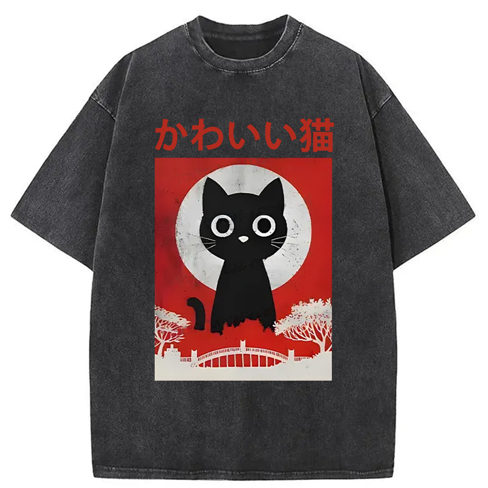 Cute Retro Cat Washed T-Shirt Trendy Everyday Casual Outfit Gifts For Sister