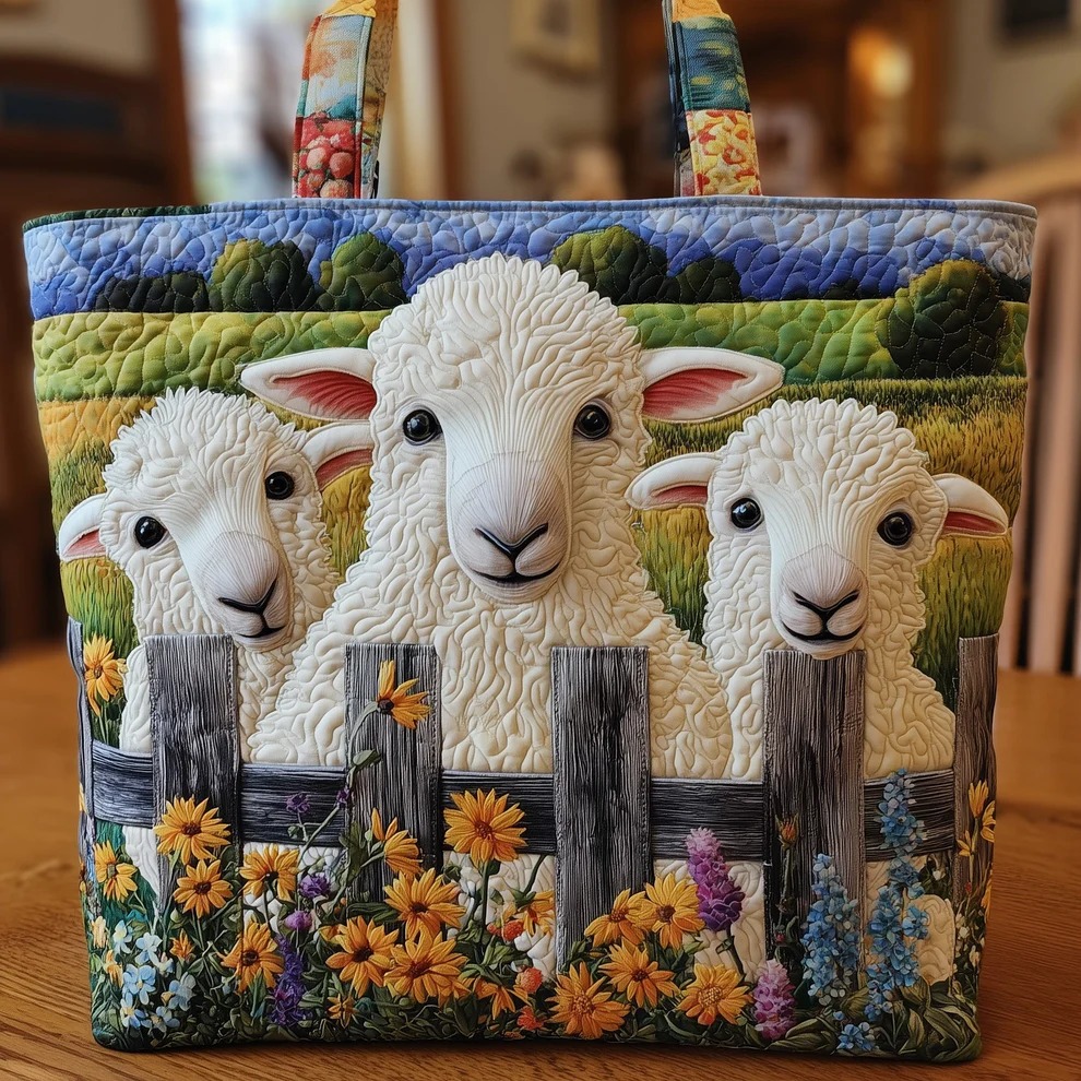 Cute Sheep Family Farm Fence Quilted Tote Bag Farmhouse Country Animal Nature Lover Gift For Her