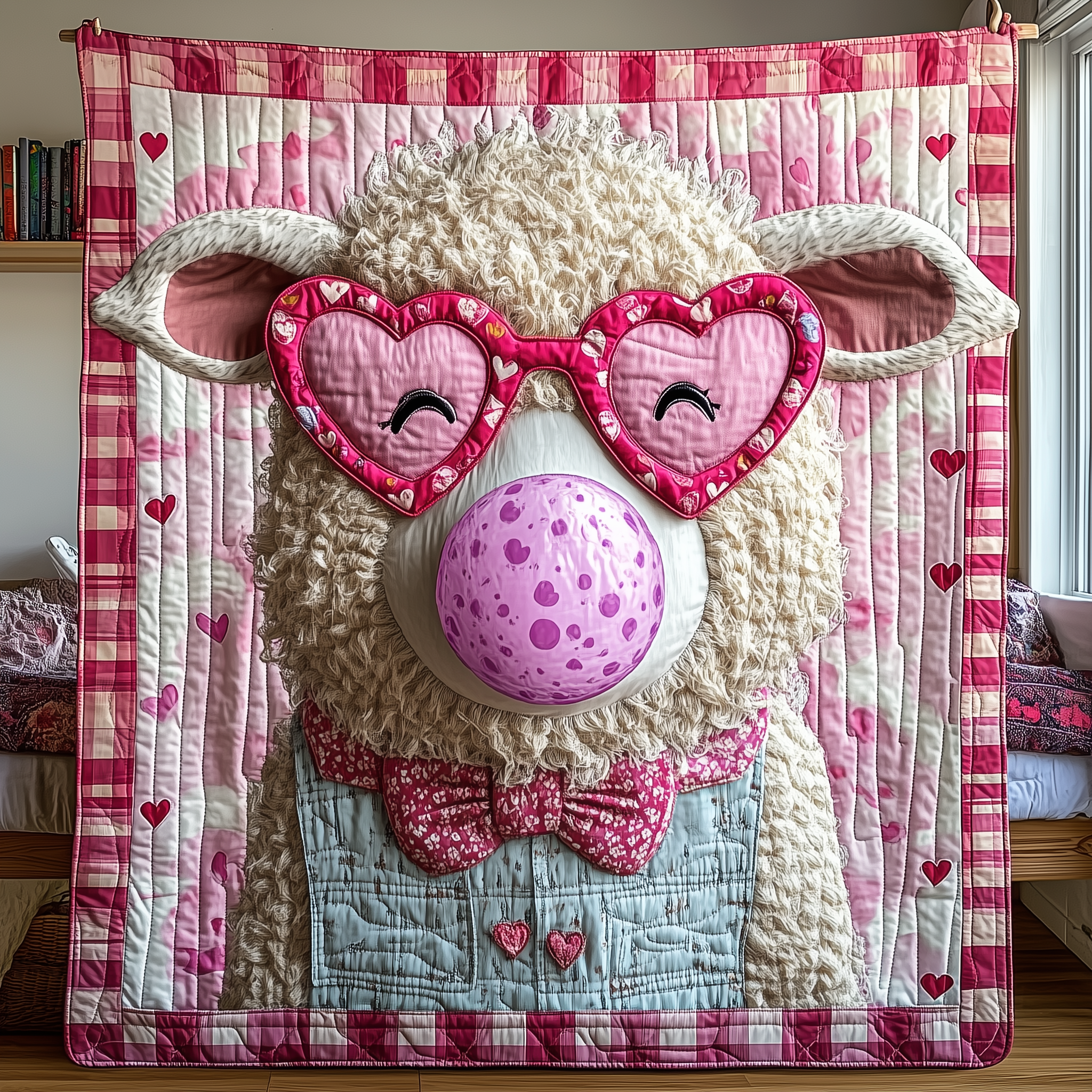 Cute Sheep With Heart Glasses Quilted Blanket Bubble Gum Animal Bedding Cozy Gifts