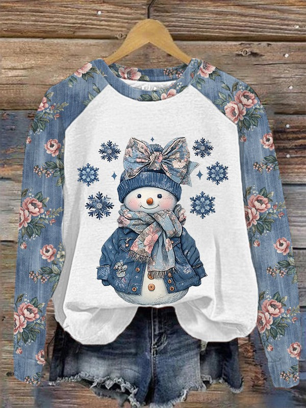 Cute Snowman Christmas Sweatshirt Floral Pattern Apparel Xmas Gifts For Her