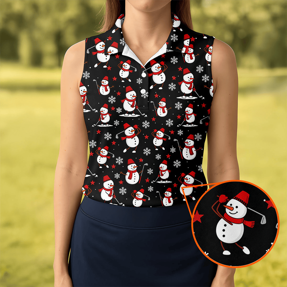 Cute Snowman Golf Pose Black Golf Shirt Christmas Golf Shirt Ladies Golf Shirts Golf Gifts For Women