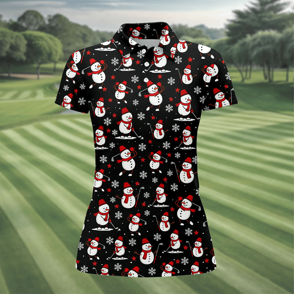 Cute Snowman Golf Pose Golf Polo Shirt Christmas Apparel Golf Tops Golf Gifts For Women