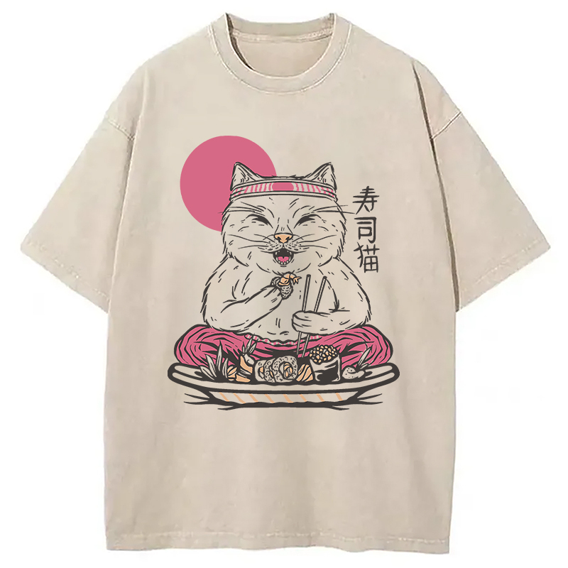 Cute Sushi Cat Eating Washed T-Shirt Trendy Aesthetic Graphic Apparel Gifts For Her Cute Sushi Cat Eating Washed T-Shirt Trendy Aesthetic Graphic Apparel Gifts For Her