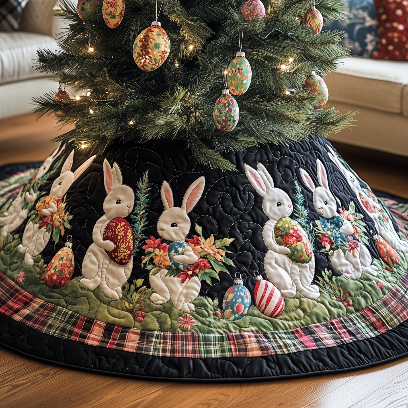 Cutesy Bunnies Quilted Tree Skirt Animal Themed Christmas Tree Skirt Bunny Xmas Gifts
