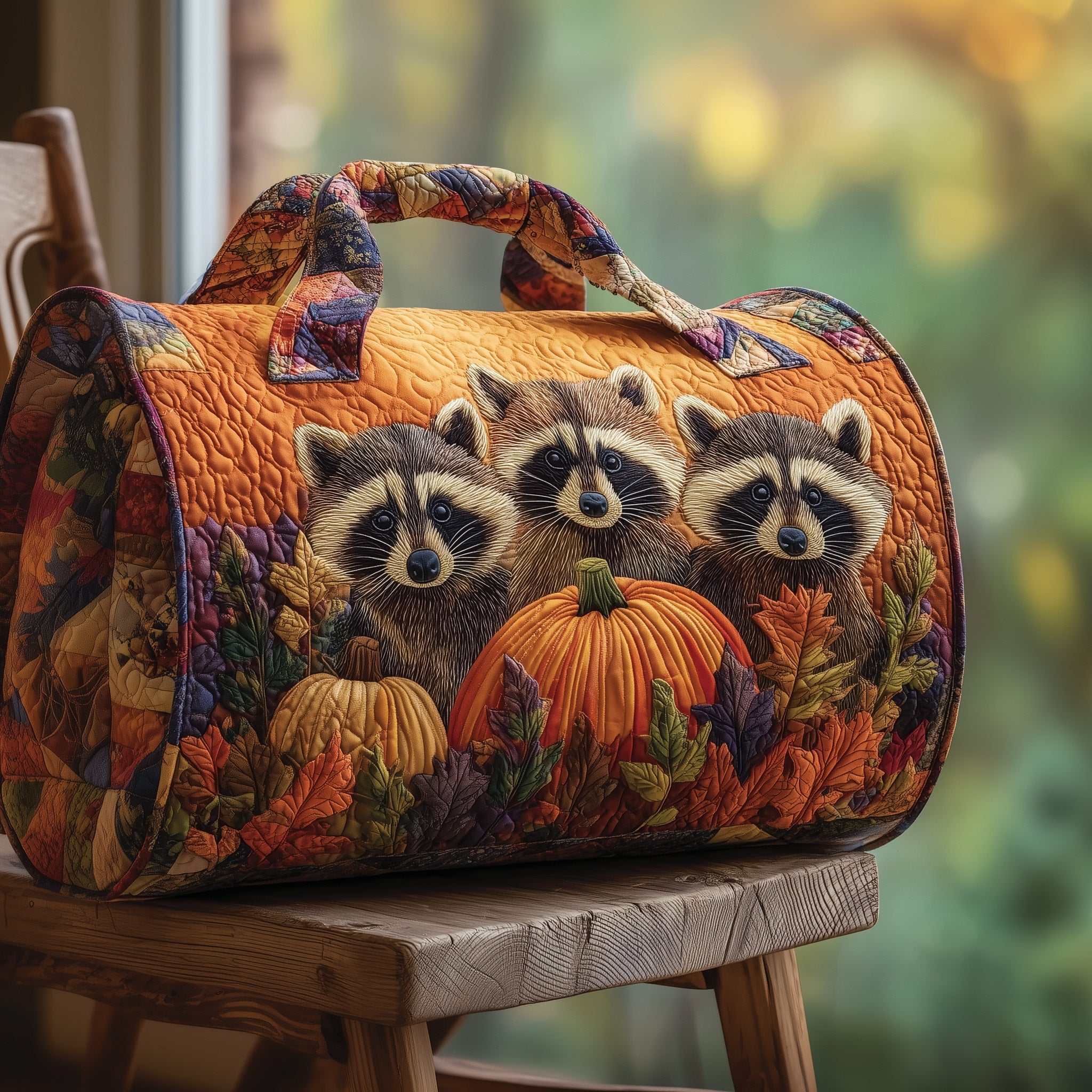 Cutesy Raccoon Quilted Duffle Bag Spring Gift Idea
