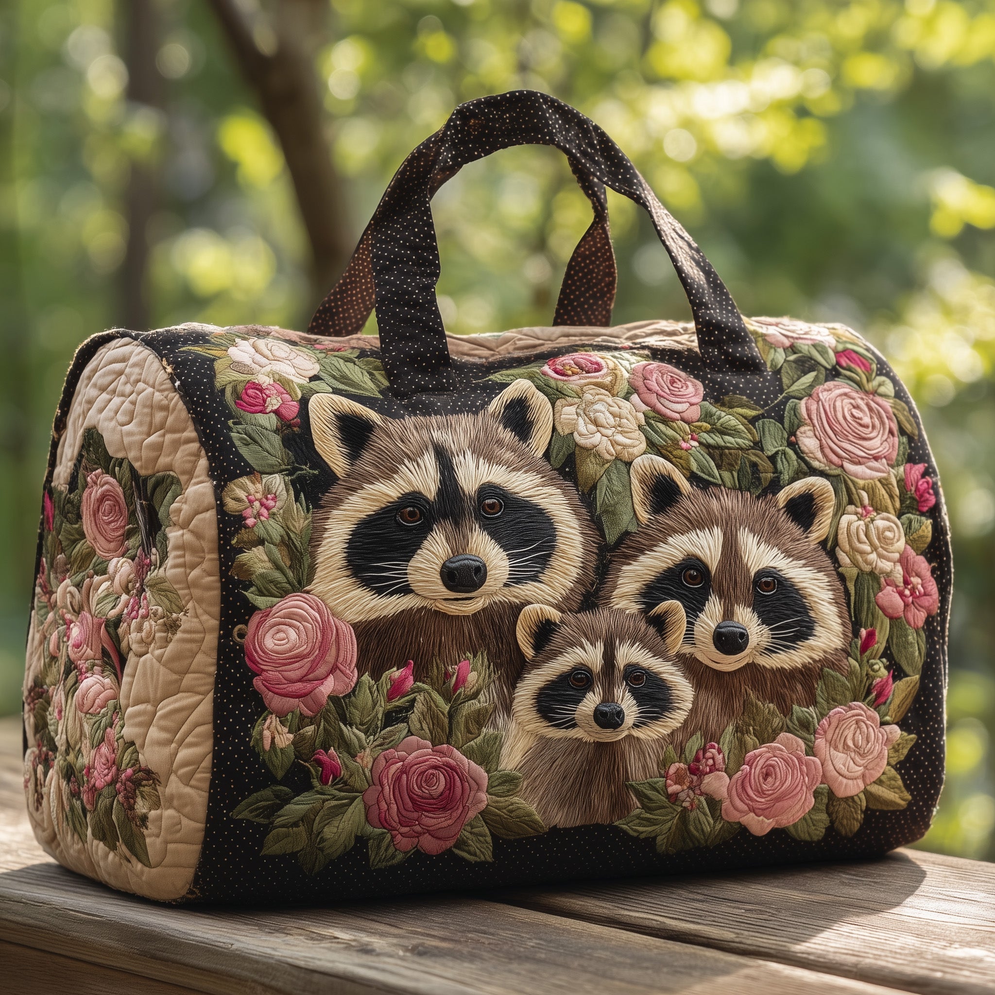 Cutesy Raccoon Quilted Duffle Bag Summer Vacation Essential