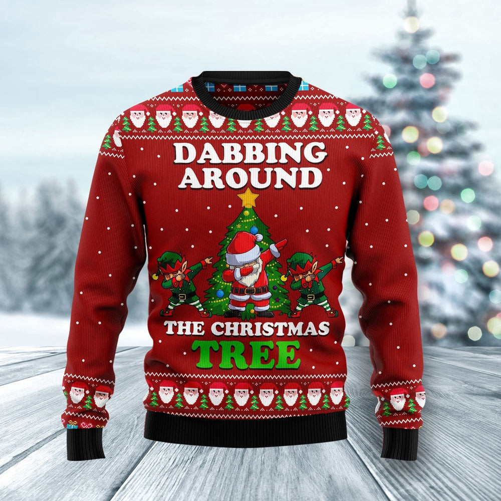 Dabbing Around The Christmas Tree Santa Claus And Goblin Ugly Christmas Sweater Gift For Christmas