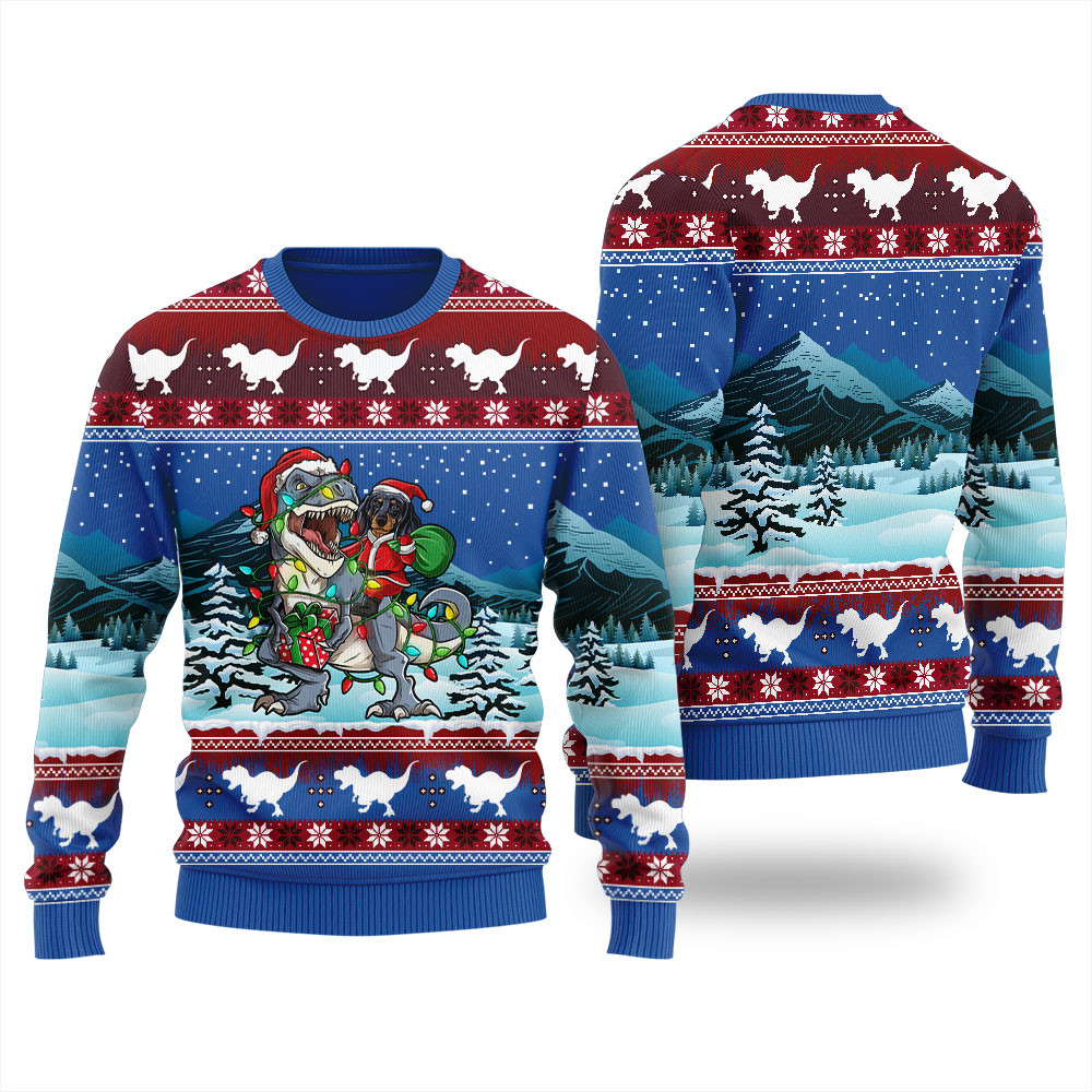 Dachshund And Dinosaur Christmas Sweater Women Perfect Winter Merch Gift for the Holiday Spirit