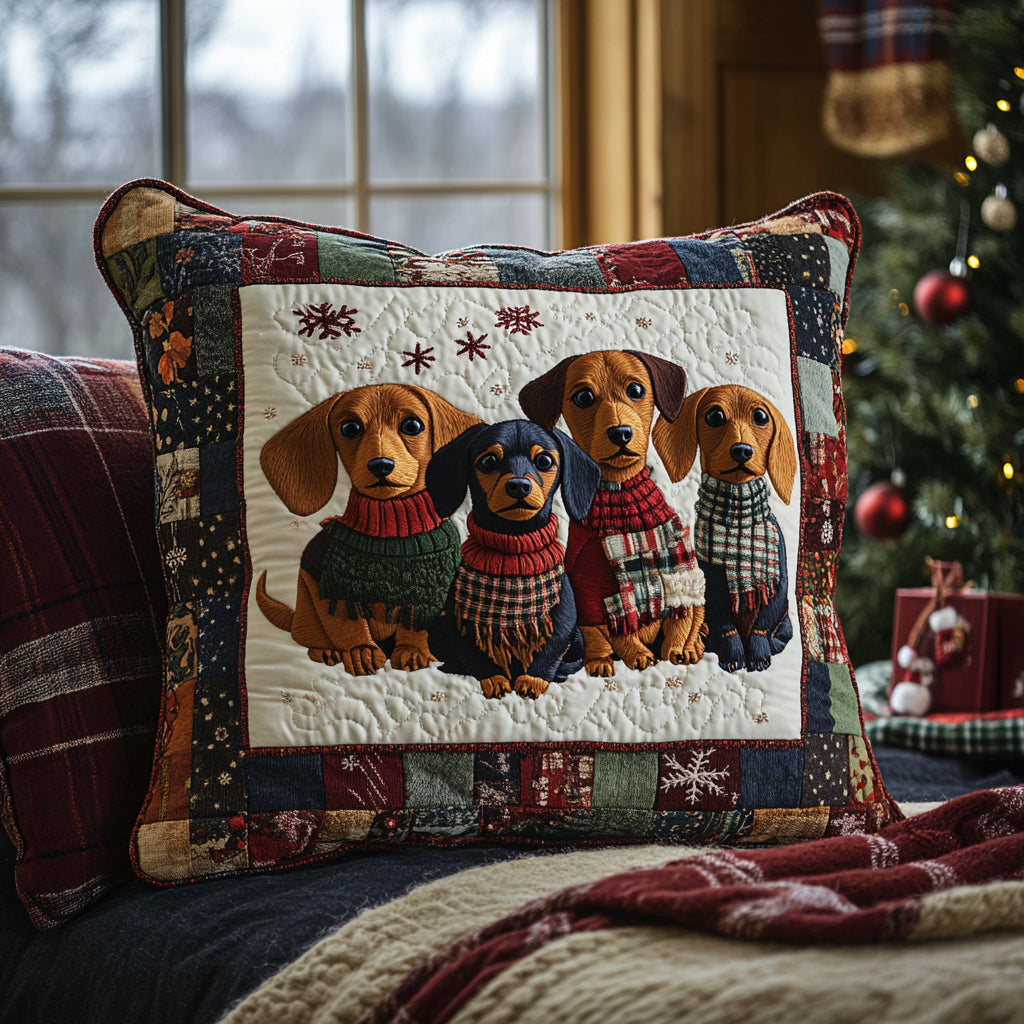 Dachshund by the Fire Quilted Pillow Case Holiday Throw Pillow Covers Dog Themed Gifts