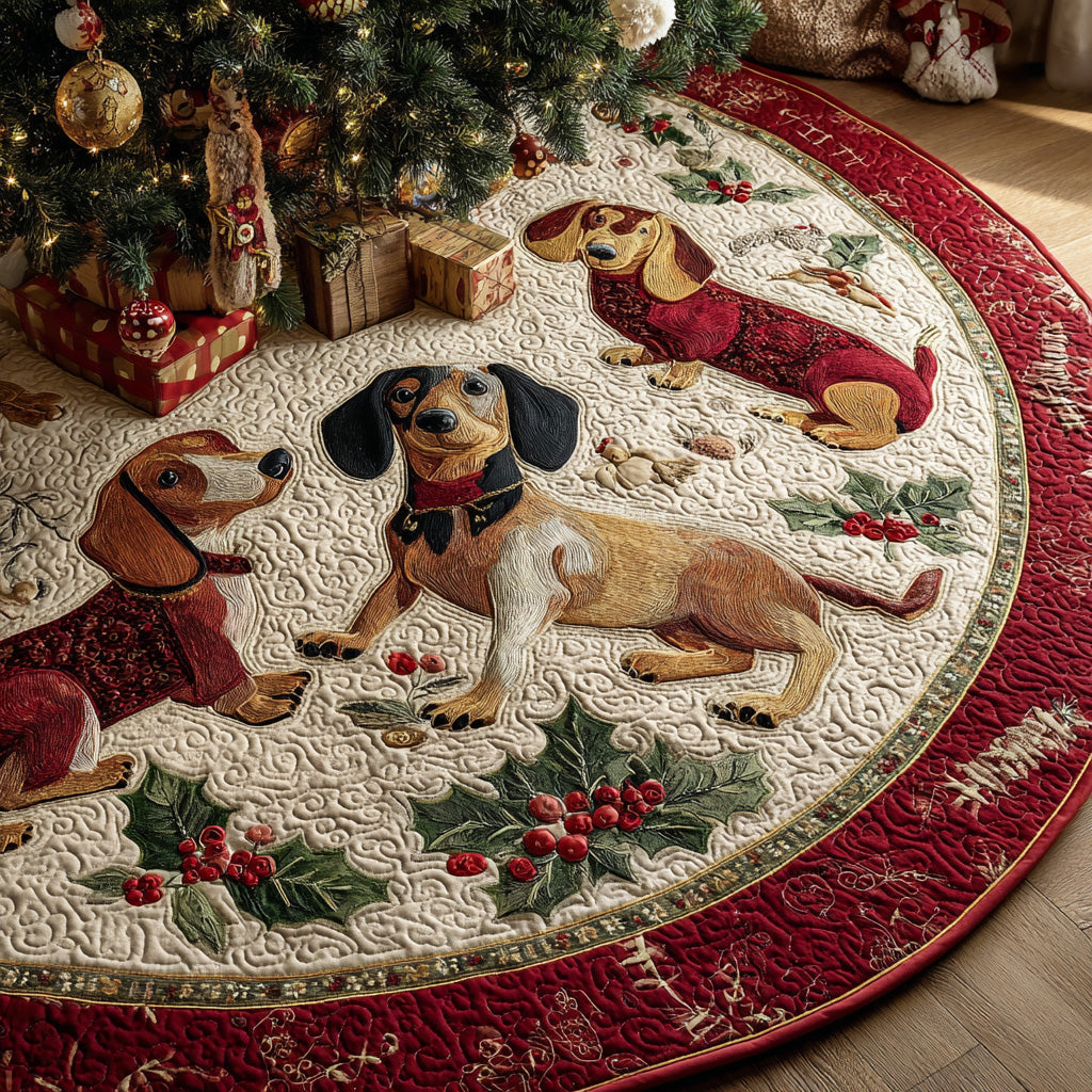 Dachshund Candy Cane Run Quilted Christmas Tree Skirt Trending Christmas Tree Skirt Merch 2025