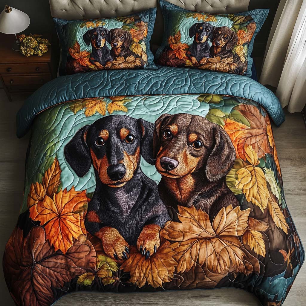 Dachshund Charm Quilted Bedding Set Autumn Sheet Set Presents For Dachshund Lovers