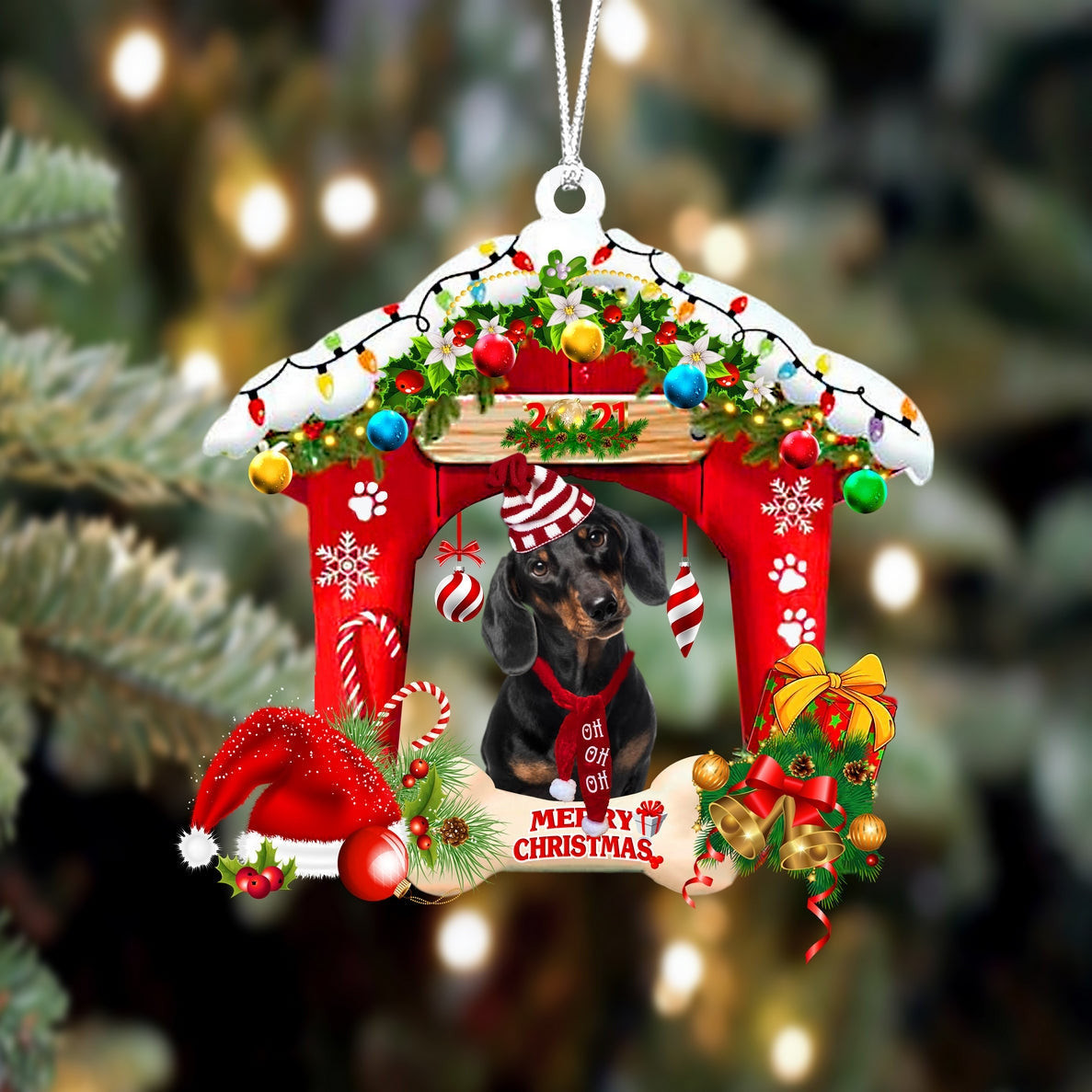 Dachshund Christmas House Custom Shaped Two Sided Ornament