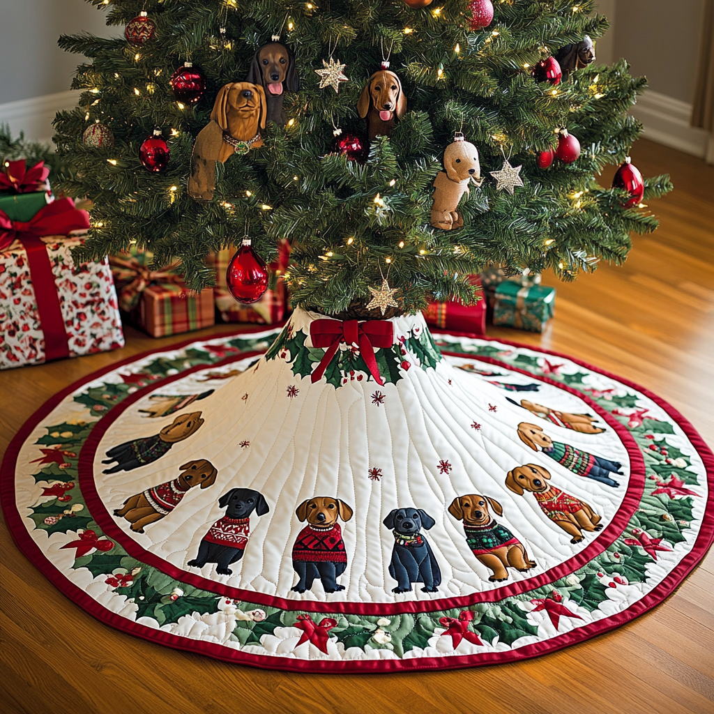 Dachshund Christmas Quilted Tree Skirt Cover For Xmas Tree Base Presents For Dachshund Lovers