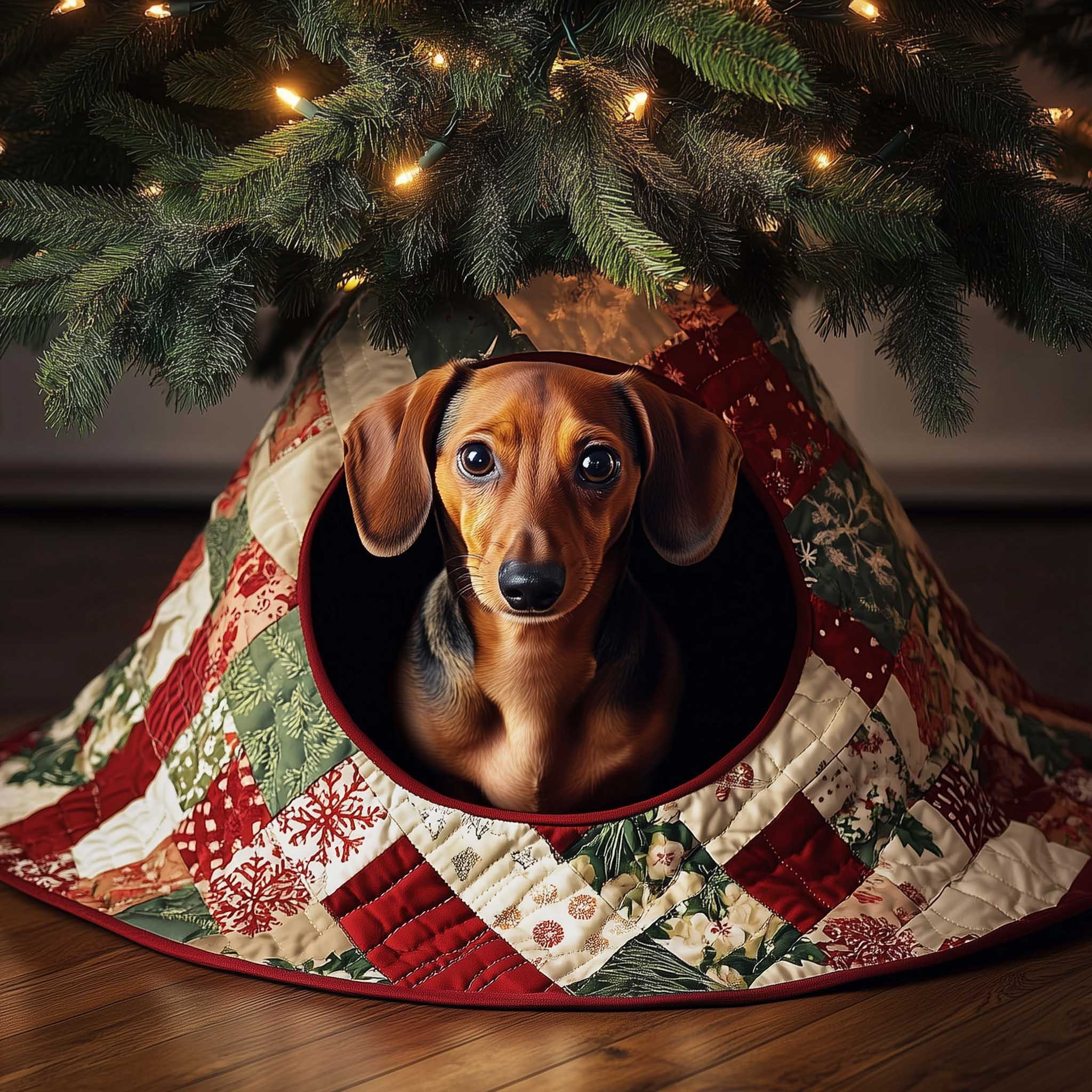 Dachshund Christmas Quilted Tree Skirt Xmas Tree Bottom Cover Dog Owners Themed Gifts