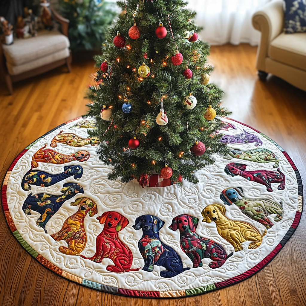 Dachshund Colorful Christmas Chritstmas Quilted Tree Skirt Christmas Holiday Decor Home