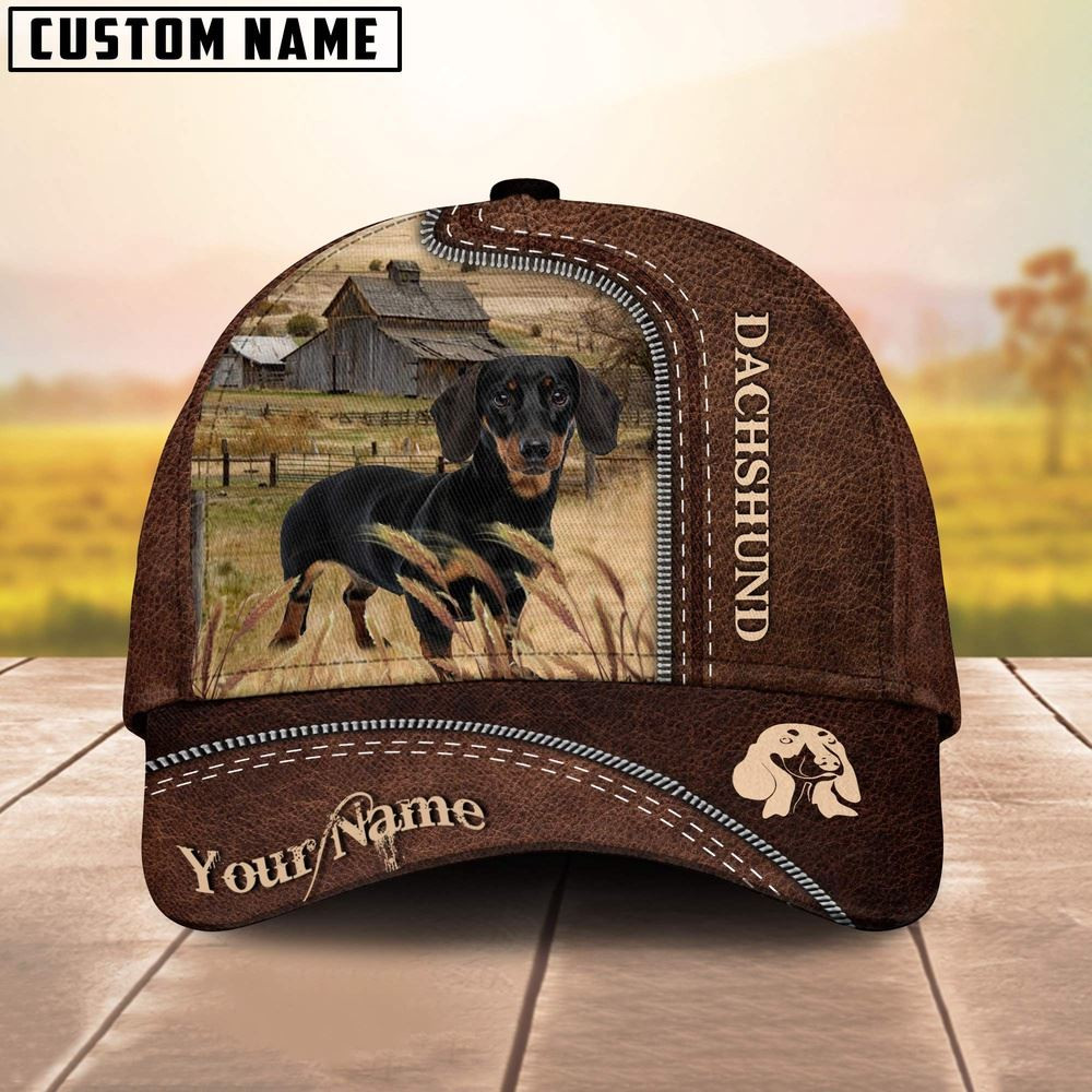 Dachshund Customized Name Leather Pattern Cap Farm Cap Farmer Baseball Cap Gift For Farmer