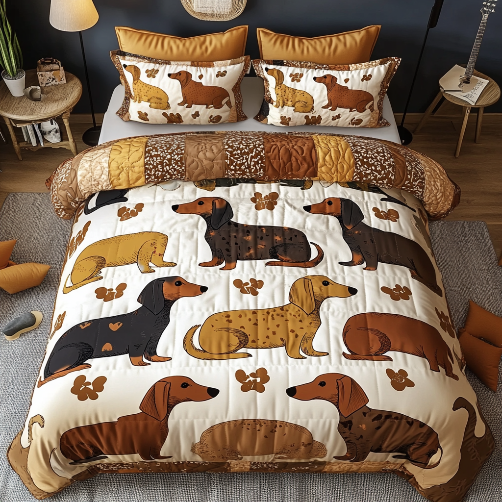 Dachshund Delight Quilted Bedding Set Aesthetic Room Decor Wiener Dog Gifts For Her