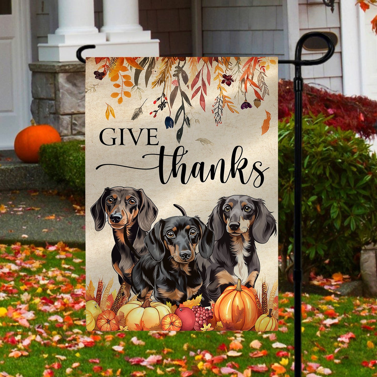Dachshund Dog Autumn Vibe Garden Flag Give Thanks Thanksgiving Decor Gift For Dog Owners