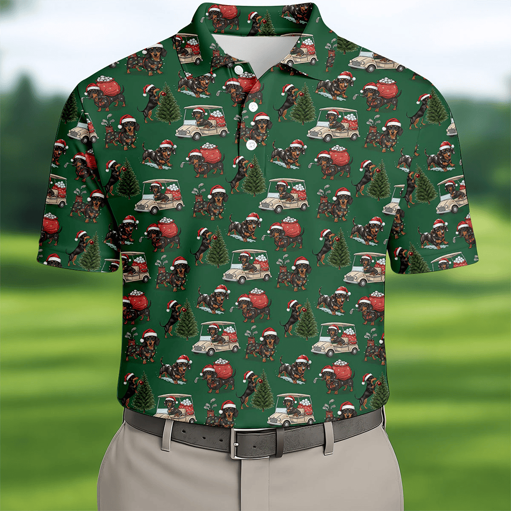 Dachshund Dog Christmas Polo Shirt Holiday Wear Golf Shirt Xmas Gifts For Golf Men