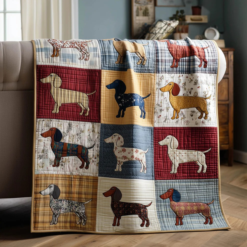 Dachshund Dog Patchwork Quilted Blanket Sausage Dog Lover Decor Best Gift For Dog Owner