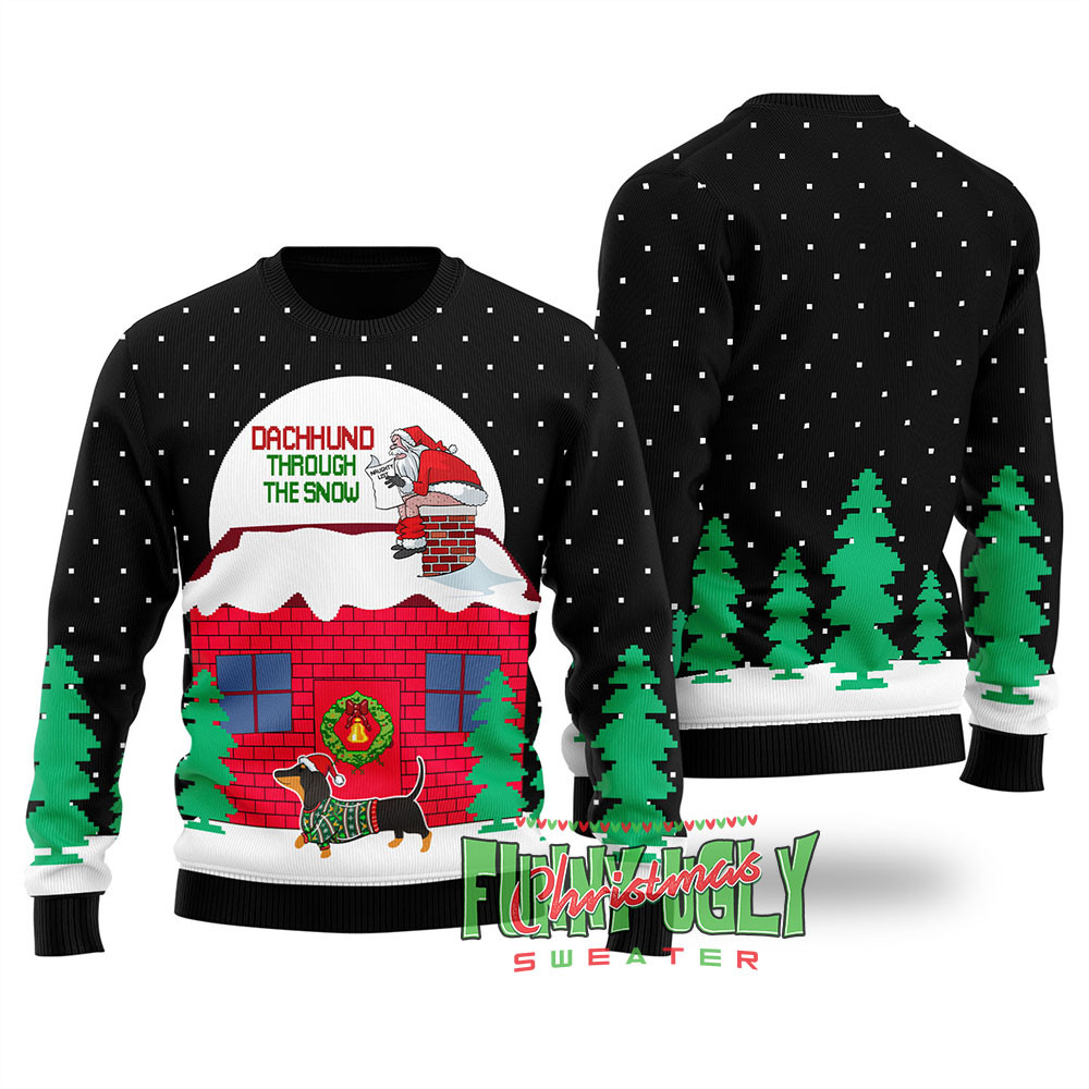 Dachshund Dog Ugly Christmas Sweater Black Soft Cotton Sweatshirt for Winter Comfort