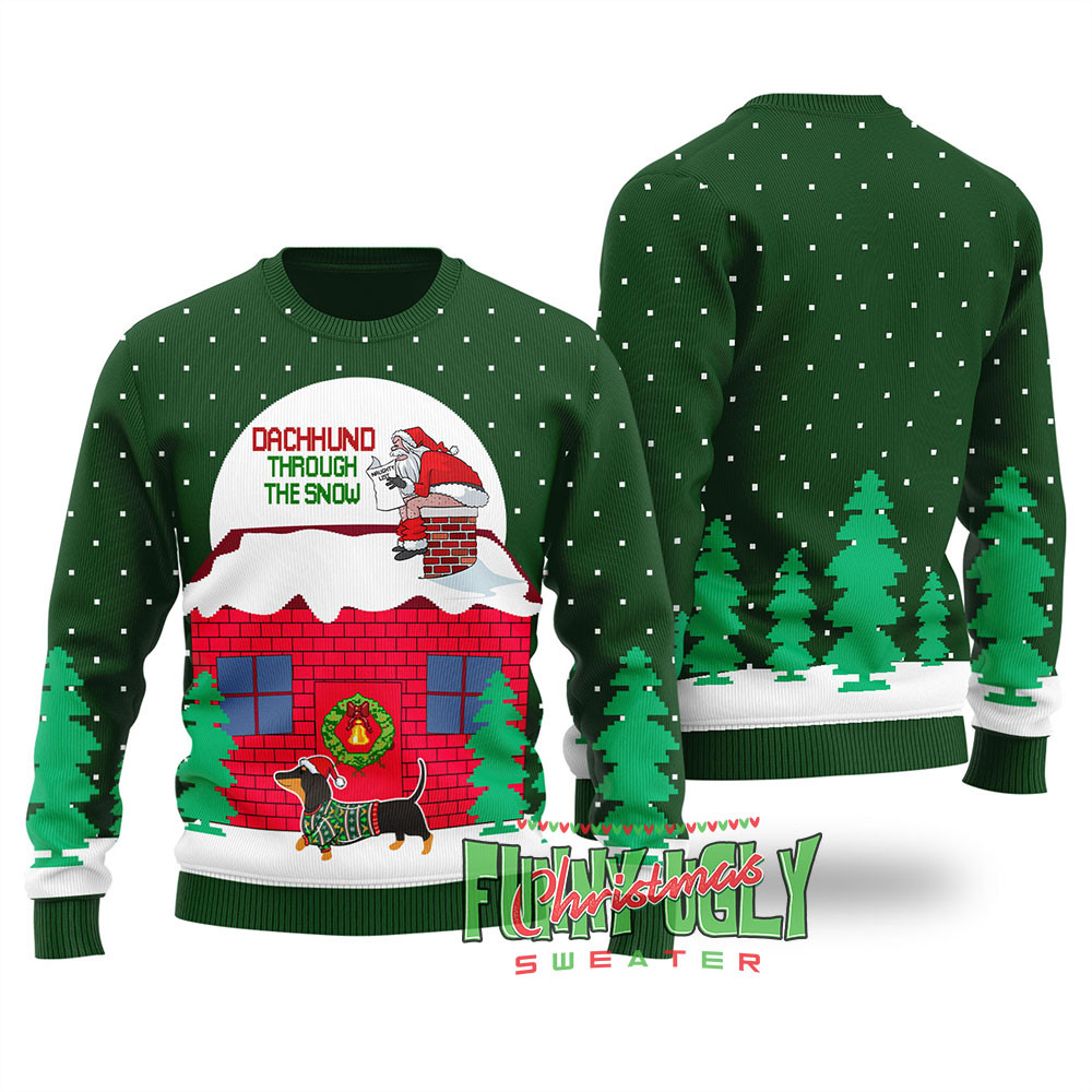 Dachshund Dog Ugly Christmas Sweater Forest Green Warm Winter Merch Gift for Someone You Love