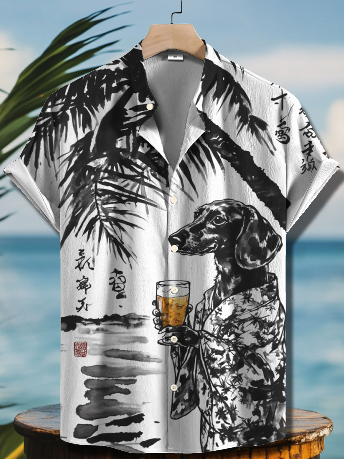 Dachshund Drinking Beer Under Coconut Tree Ink Painting Vacation Hawaiian Shirt Dog Lovers Gifts