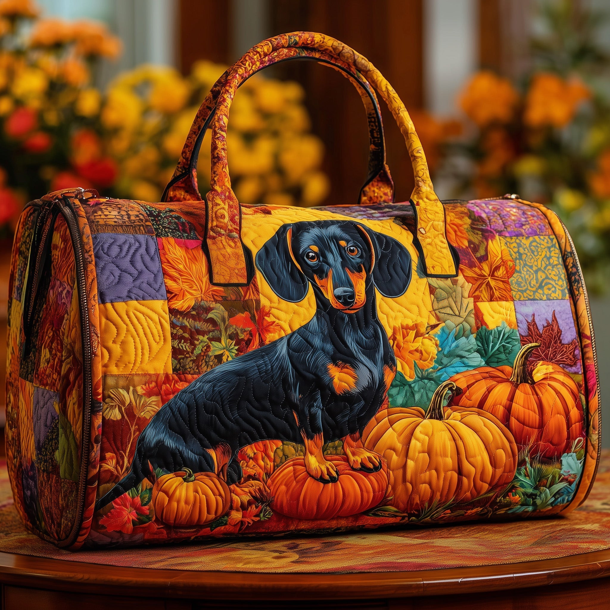 Dachshund Fall Pumpkin Quilted Duffle Bag Autumn Vintage Travel Bag Best Gift For Dachshund Lovers