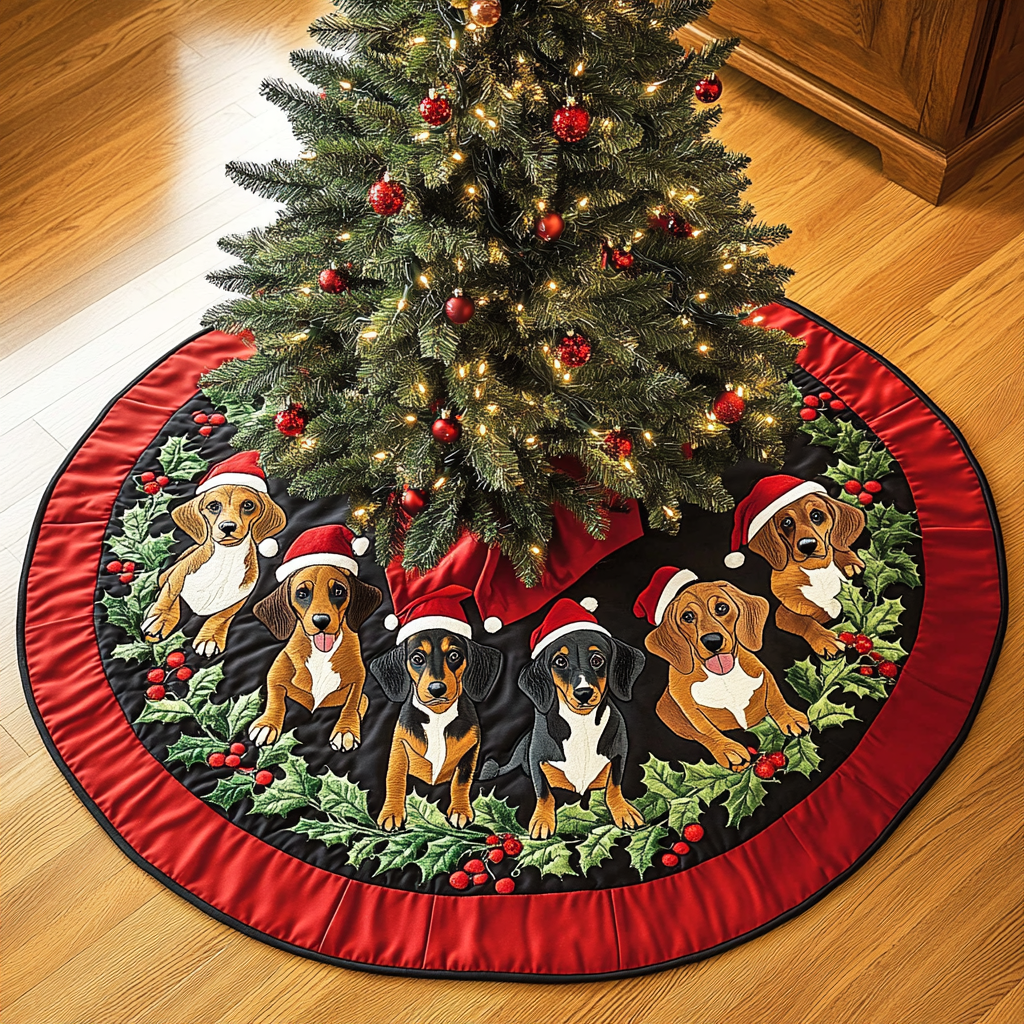 Dachshund Holiday Joy Christmas Quilted Tree Skirt Adorable Holiday Tree Skirt for Cozy Spaces