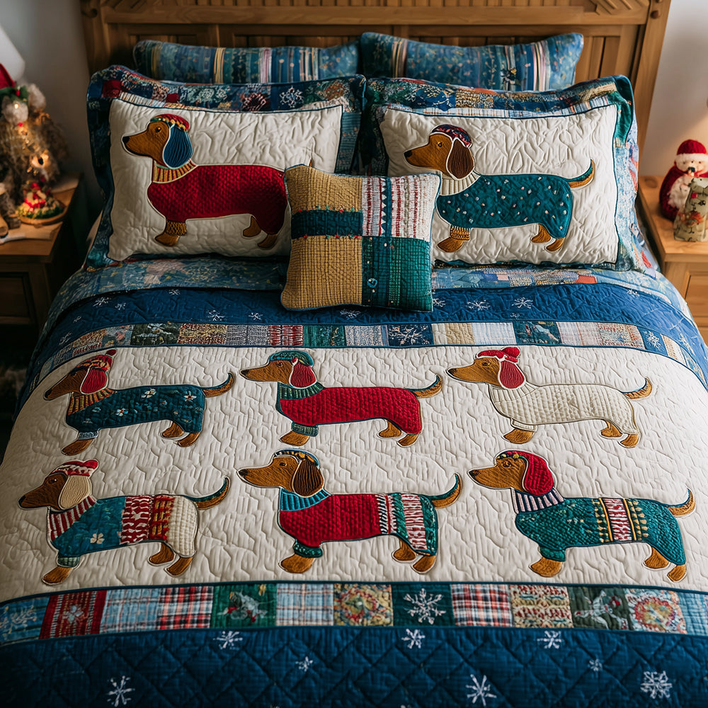 Dachshund in Knitwear Quilted Bedding Set Cute Room Decor Dachshund Products Merchandise