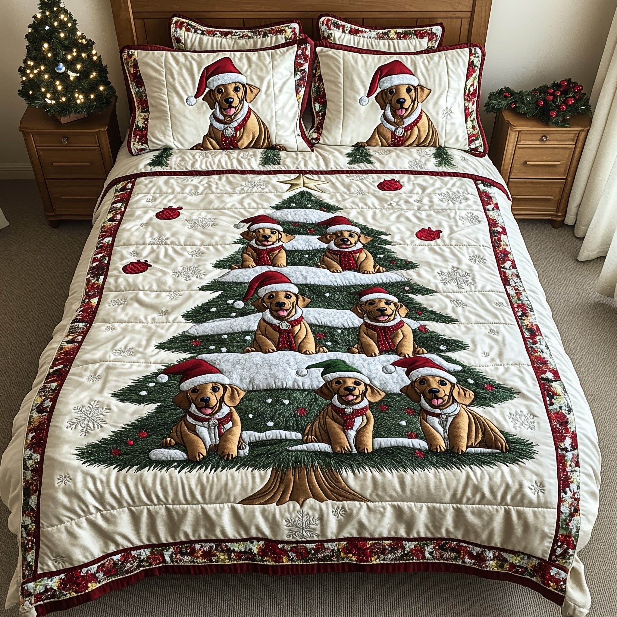 Dachshund Jolly Weiner Christmas Quilted Bedding Set Duvet Cover Bedspread Cute Xmas Presents For Dog Owners