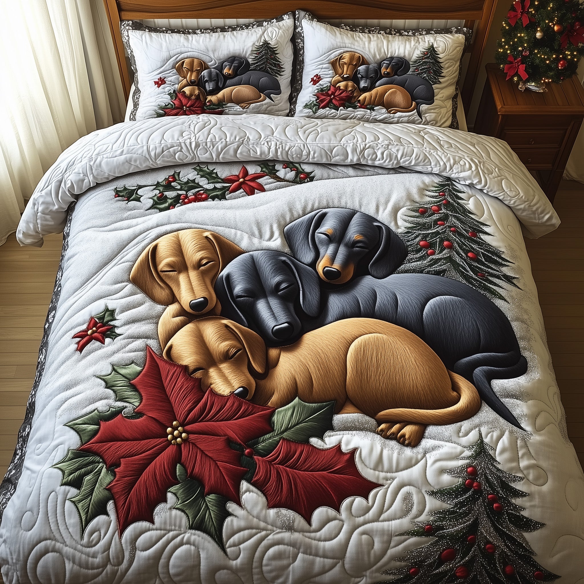 Dachshund Jolly Weiner Christmas Quilted Bedding Set Duvet Cover Bedspread Dog Theme Cute Xmas Presents For Friends