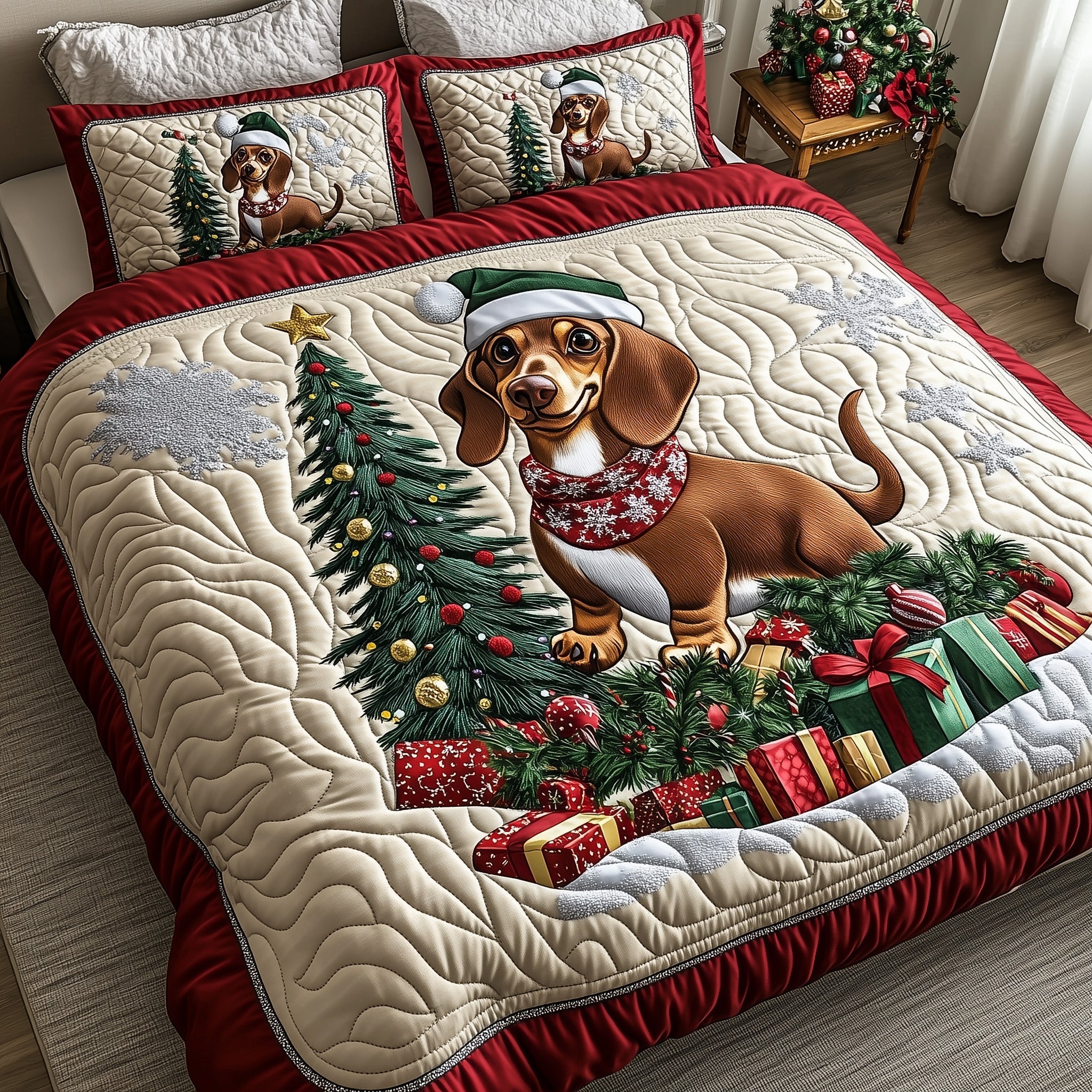 Dachshund Jolly Weiner Christmas Quilted Bedding Set Duvet Cover Sausage Dog Themed Xmas Presents
