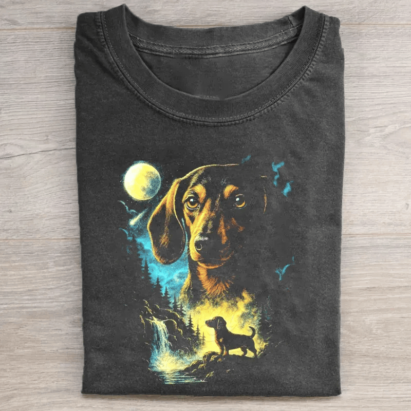 Dachshund Moon Night Colorful Art T-Shirt Mystical Dog Lover Tee Fantasy Dog Portrait Gift For Dog Owners