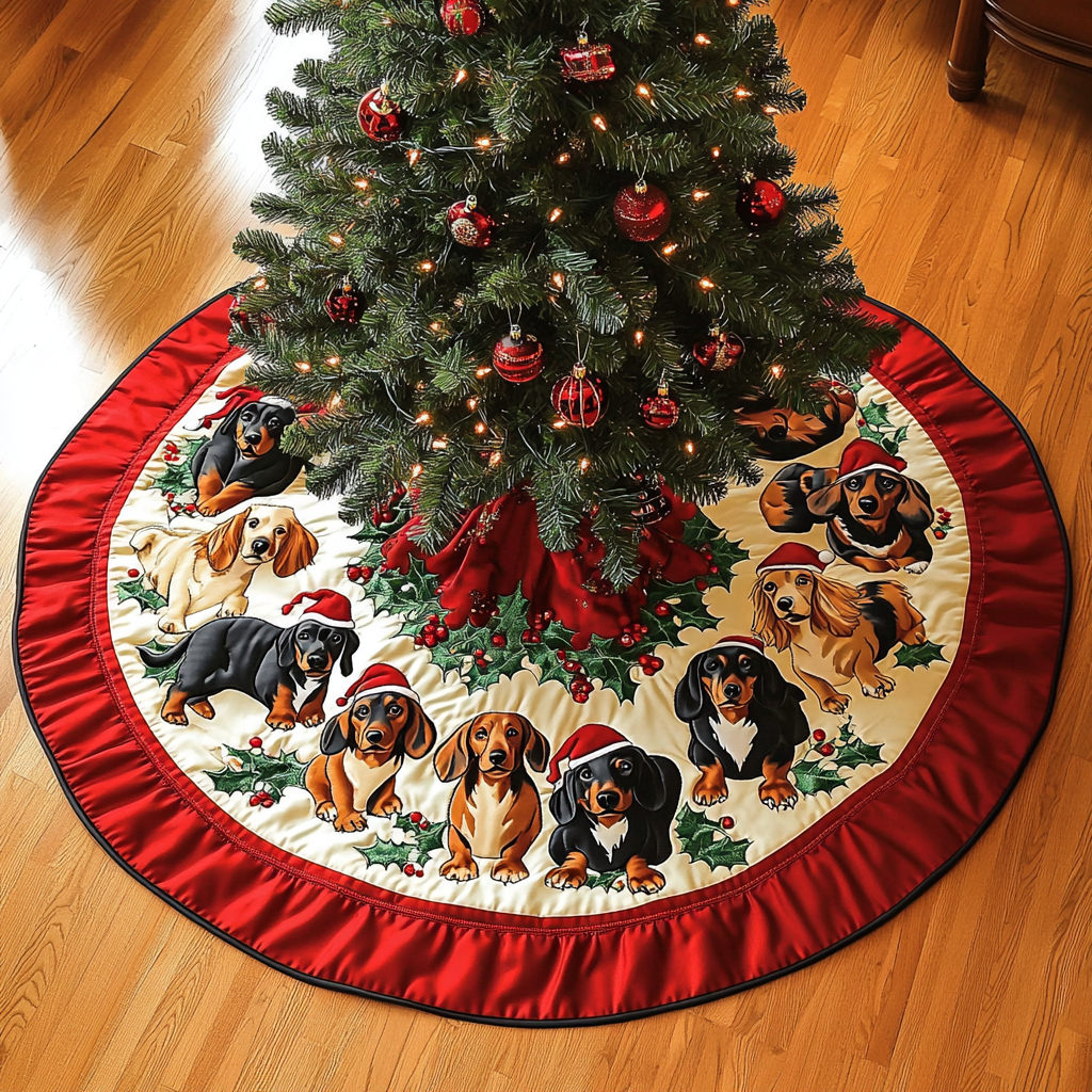 Dachshund Noel Night Christmas Quilted Tree Skirt Holiday Party Decor for Home Under-Tree Christmas Decor