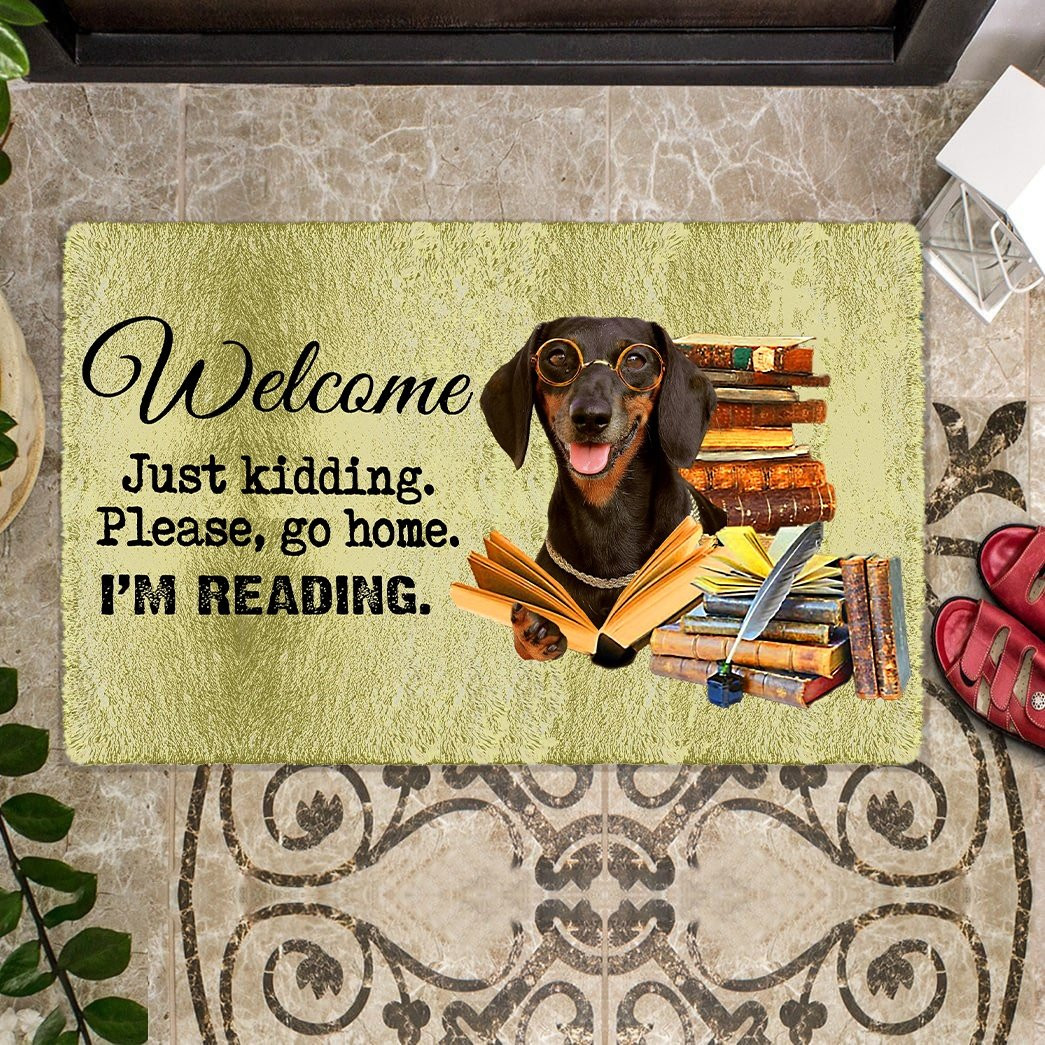Dachshund Please Go Home I'M Reading Doormat Front Door Decor Gifts For Pet Lovers