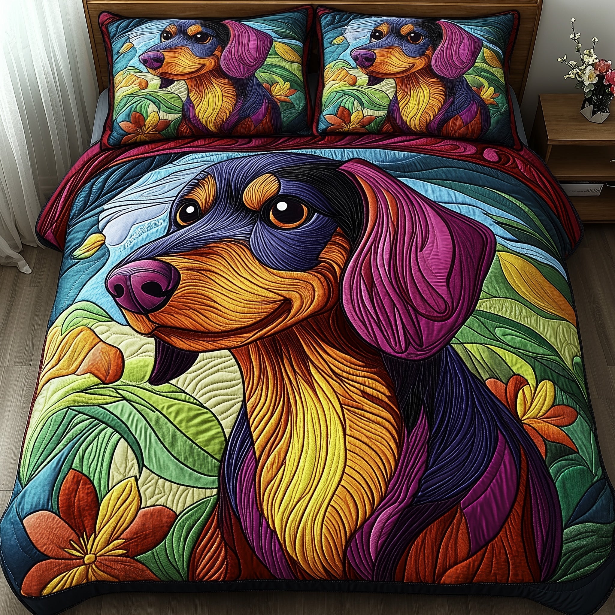 Dachshund Quilted Bedding Set Duvet Cover Bedspread Birthday Gifts For Dog Lovers
