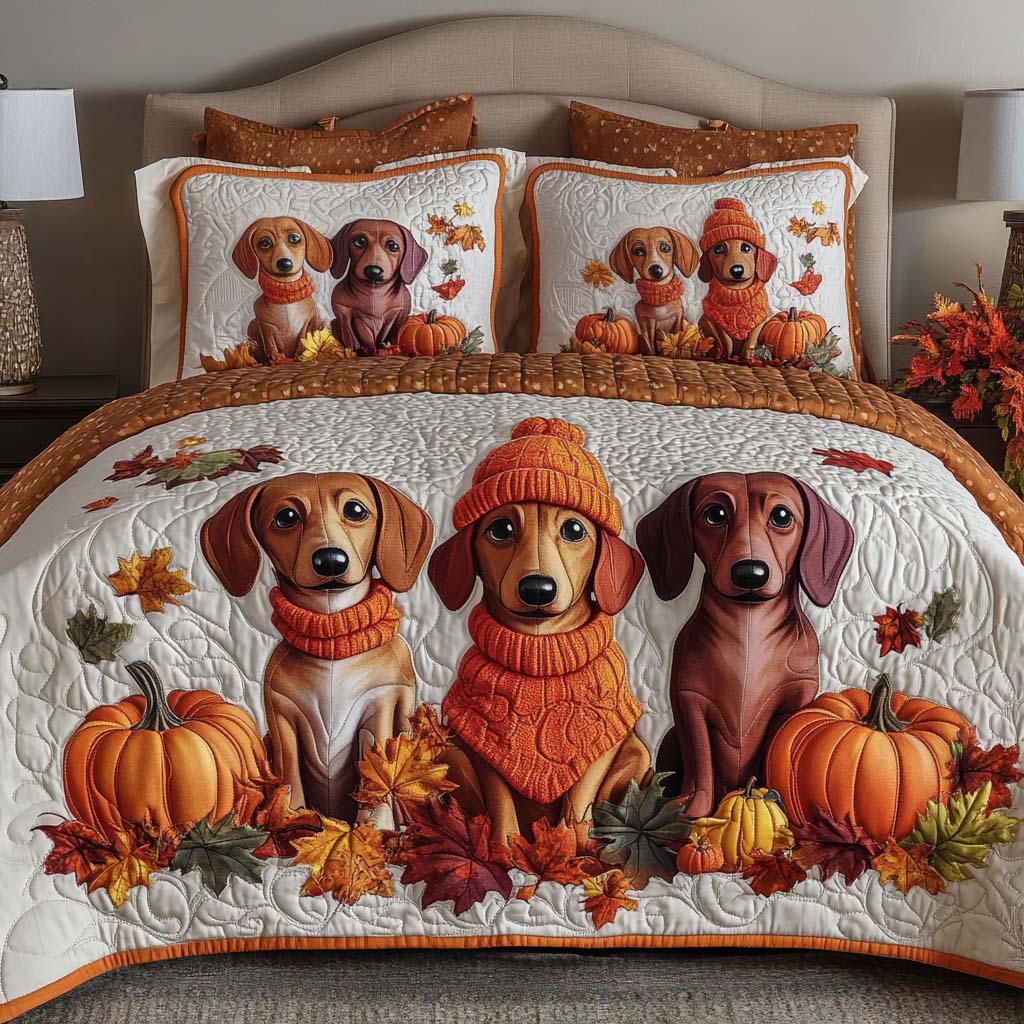 Dachshund Quilted Bedding Set Holiday Season Duvet Cover Set Sausage Dog Xmas Gifts