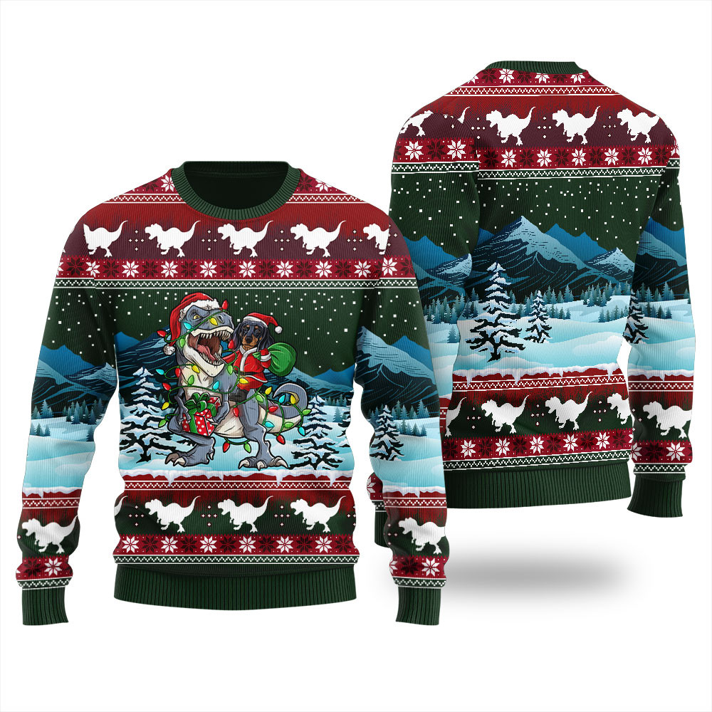 Dachshund Riding Dinosaur T Rex Funny Ugly Christmas Sweater Lovely Merch Gift for Cozy Winter Nights