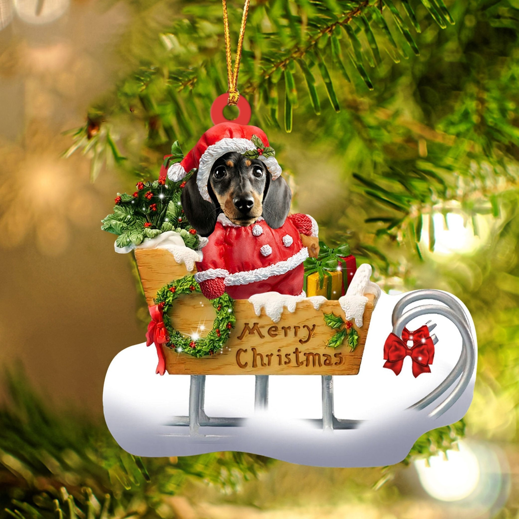 Dachshund Sitting On A Cute Sleigh Ornament Flat Acrylic Funny Dog Ornament